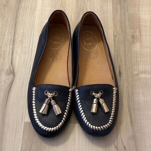 Jack Rogers Navy Blue Leather Loafers with Gold Tassel Accents